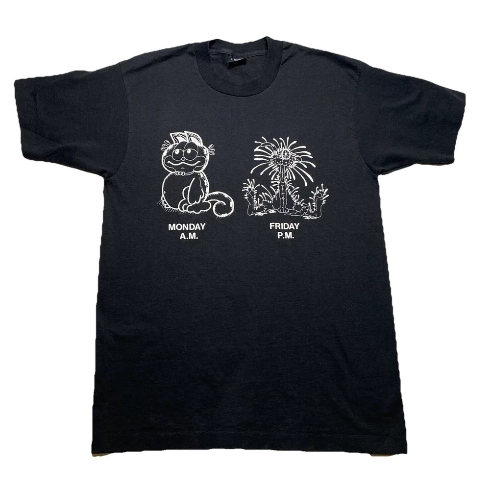 Garfield Bill The Cat Monday AM Friday PM Men's Large Vintage T-Shirt Black